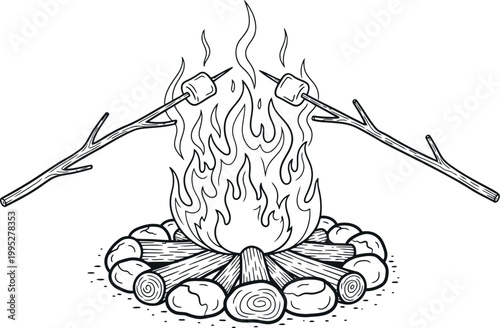 Campfire with marshmallows roasting on sticks sketch