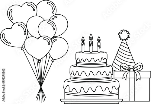 Hand drawn birthday celebration elements including cake balloons and gifts