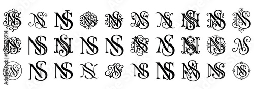 Stylized ns monograms vintage design element alphabet script letters.