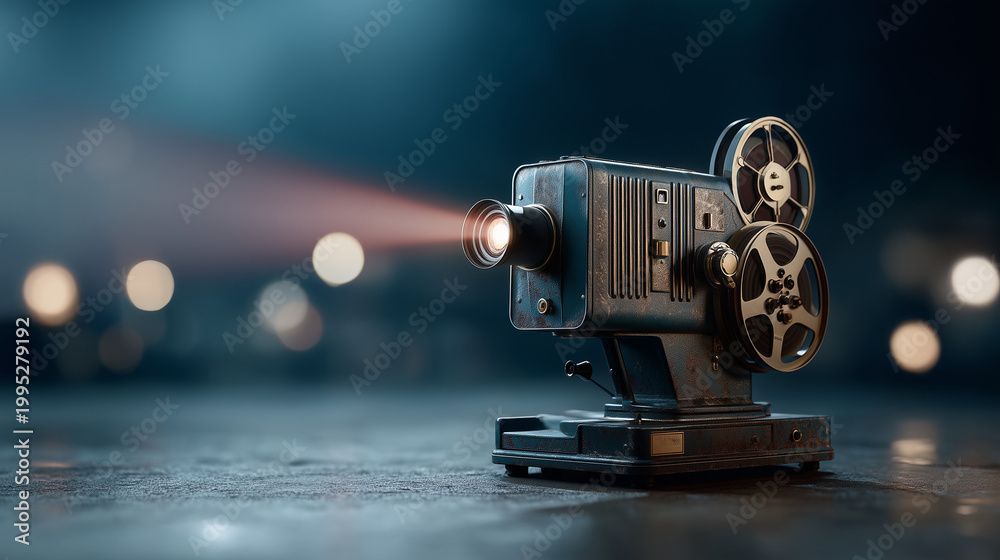 Fototapeta premium Vintage Movie Projector in Spotlight: The spotlight captures an old film projector, casting a warm beam, evoking the nostalgia of cinematic moments, with a backdrop of blurred lights.