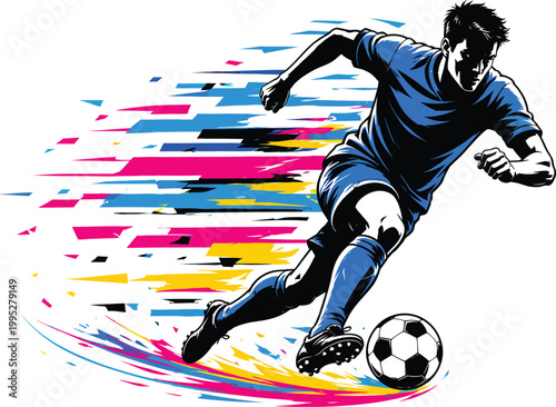 Dynamic soccer player vector, athletic football striker running with ball, colorful motion blur art