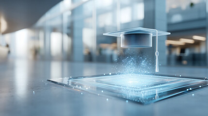 Digital Graduation: A futuristic perspective of learning in the modern era, where education transcends traditional boundaries, represented by a digital graduation cap hovering above a tablet device. 