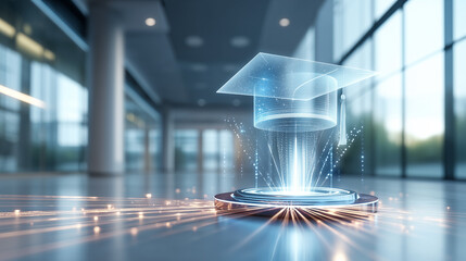 Digital Education Innovation: An elegant digital graduation cap emanates a futuristic glow, symbolizing the evolution of education and technology.