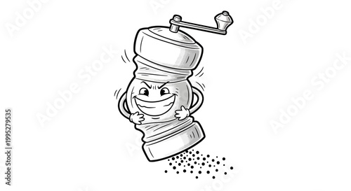 Cartoon Pepper Grinder Character Grinding Pepper with Evil Grin