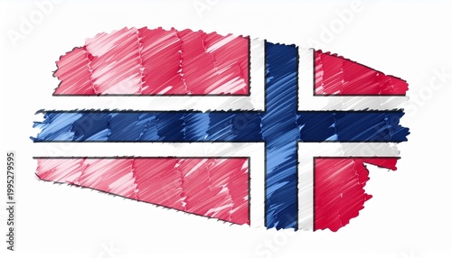 Norwegian Flag painted with a rough brush stroke texture on a white background, vibrant colors