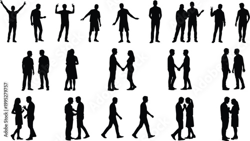 People standing walking and couple relationship silhouette collection with black shadow human figures isolated on gray background set