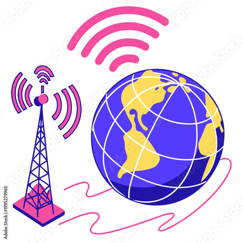 Global telecommunication tower with radio waves.