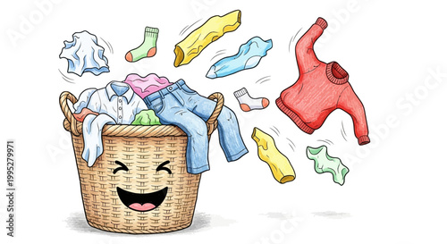 Happy Laundry Basket Overflowing with Clothes, Laundry Day Fun