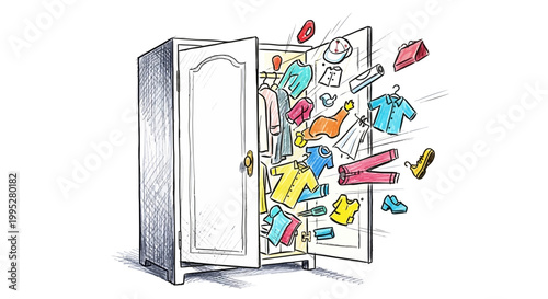 Messy wardrobe overflowing with clothes, chaotic closet, disorganized clothing storage