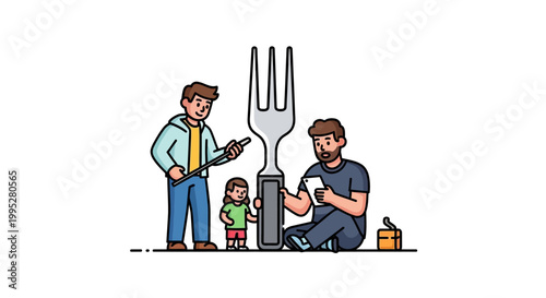 Family constructing a giant fork together, teamwork concept illustration.