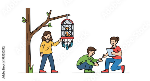 Children working together to free a bird from a cage outdoors.