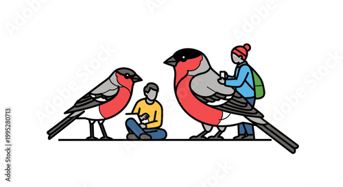 Illustration of Two Large Bullfinches with Children Interacting in Nature.
