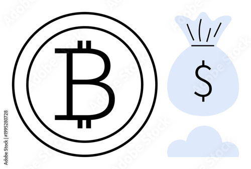 Cryptocurrency, blockchain technology, financial growth, digital currency, investment trends, fintech. Bitcoin logo next to a dollar bag icon. Cryptocurrency and blockchain technology concepts