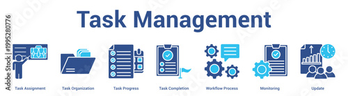 Task Management web banner icon set vector illustration concept for business with icon of Task Assignment, Task Organization, Task Progress, Task Completion, Workflow Proce.