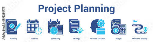 Project Planning web banner icon set vector illustration concept for business with icon of Planning, Timeline, Scheduling, Strategy, Resource Allocation, Budg.