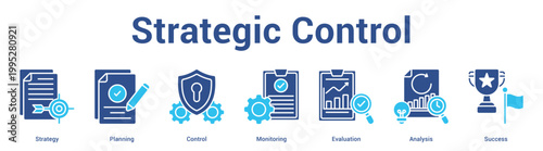 Strategic Control web banner icon set vector illustration concept for business with icon of Strategy, Planning, Control, Monitoring, Evaluati.