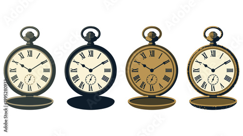 Four vintage pocket watches with roman numerals on white background.