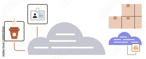 Cloud computing, data storage, identity management, logistics, e-commerce, digital transformation. Visual of a cloud, ID card coffee cup packages. Cloud computing and data storage concept