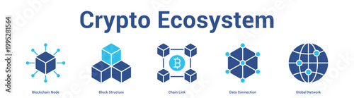 Crypto Ecosystem web banner icon set vector illustration concept for business with icon of Blockchain Node, Block Structure, Chain Link, Data Connecti.