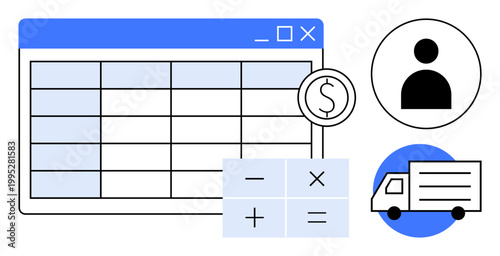 Financial planning, business logistics, calculations, e-commerce management, online transactions, accounting tools. Spreadsheet with dollar symbol and calculator, person icon, delivery truck