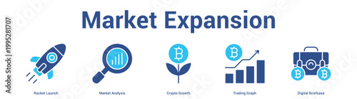Market Expansion web banner icon set vector illustration concept for business with icon of Rocket Launch, Market Analysis, Crypto Growth, Trading Gra.