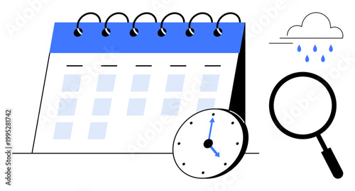 Time management concept. Time management tools thumbs up a calendar, clock, and magnifying glass for effective scheduling. Time management aids weather checking and better organization