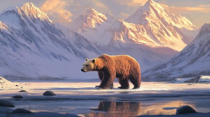 Majestic Bear Walking in Serene Snowy Mountain Landscape