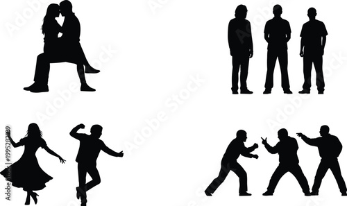 People silhouette collection, couple romance, standing friends, dancing figures, argument scene, black shadow isolated on gray background, social lifestyle concept set vector style illustration