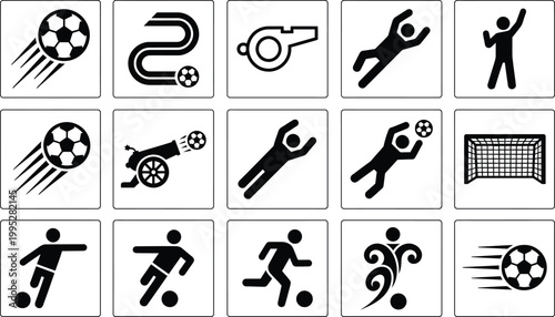 Soccer football icons set with players actions and symbols in black on white background