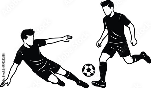 Two soccer players competing for the ball in a dynamic action stance featuring a high contrast minimalist black and white vector illustration graphic design style