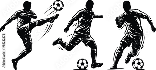 Three silhouetted soccer players kicking balls in dynamic poses showcasing skill and movement in black and white