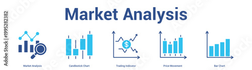 Market Analysis web banner icon set vector illustration concept for business with icon of Market Analysis, Candlestick Chart, Trading Indicator, Price Moveme.