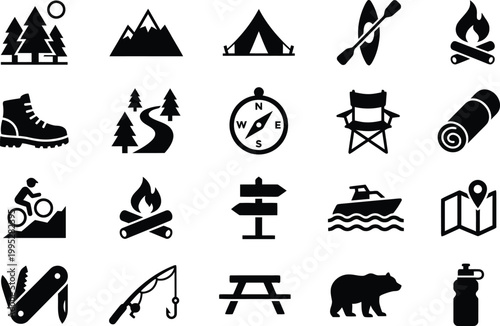 Camping and outdoor adventure icons for travel and leisure activities