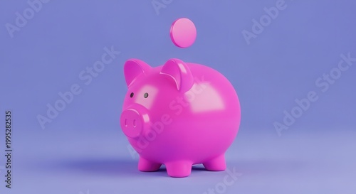 Minimalist fuchsia piggy bank collecting a solitary coin, representing wise financial planning and