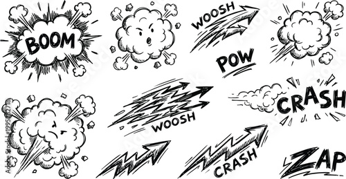 Comic book sound effects and action elements set featuring explosive clouds speed lines and onomatopoeia text isolated on white background for graphic design