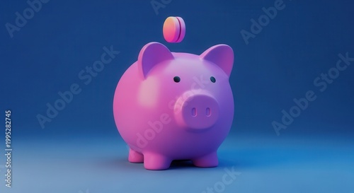 Vibrant 3D rendered piggy bank with a glowing coin symbolizing financial growth and secure savings