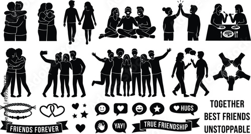 Group of friends silhouette collection featuring diverse social interactions and friendship symbols on a clean white background for graphic design projects