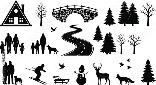 Winter scene icons with house bridge trees people animals and snowman in black silhouette on white background