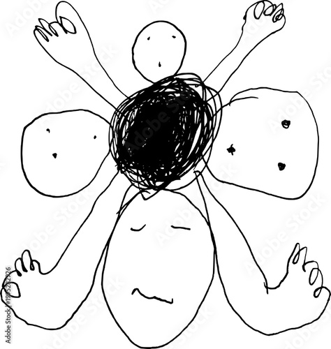 Monochrome pen drawing on paper of four faces and limbs popping out from a black circle