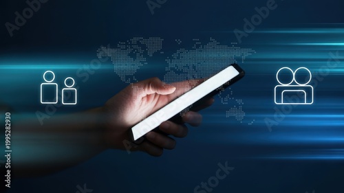 Smartphone held in a human hand displays digital user interface icons representing global connectivity and network communication systems against a dark blue background with abstract light trails.