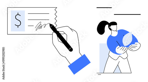 Financial transactions, e-commerce, environmental awareness, business concepts, sustainable growth, banking security. Hand signing a check and a person holding a leaf. Financial transactions