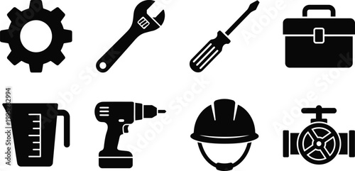 Set of black industrial tools and equipment icons on white background for engineering and construction