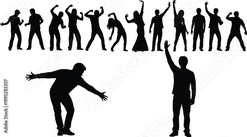 Dancing people silhouette collection, party celebration poses, happy men and women, black shadow isolated on gray background set