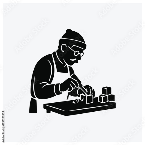 Illustrator working with small objects, such as a craftsman or chemist.