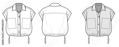 Women Cropped Drawstring Jacket Technical Flat Sketch, Sleeveless Shirt Style Jumper Front Back