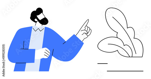 Business communication, team leadership, environmental , corporate growth, creative presentations, product education. Man wearing blue pointing at abstract leaves. Business communication and team
