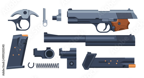 Handgun Parts Assembled and Disassembled.