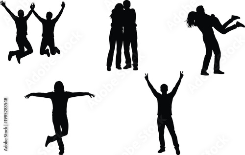 Happy people silhouette collection, jumping friends, romantic couple, celebration poses, black shadow isolated on gray background set
