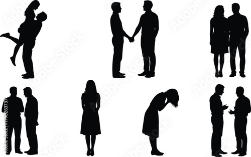 People relationship silhouette collection with couples standing talking hugging and emotional black shadow human figures isolated background