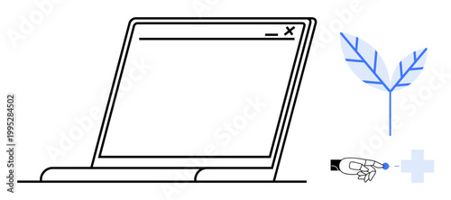 Technology, sustainability, health solutions, robotics, digital innovation, artificial intelligence. Minimalist laptop screen, robotic hand interacting with medical and plant symbols. Technology